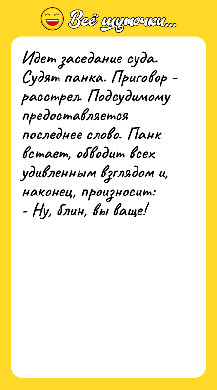 Идет заседание суда. Судят панка. Приговор - расстрел. Подсудимому предоставляется