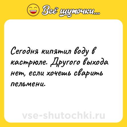 Шутка: Сегодня кипятил воду в кастрюле. Другого выхода нет, если хочешь сварить пельмени.