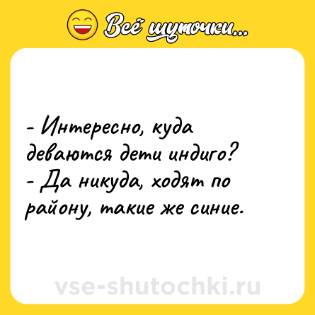 Шутка: - Интересно, куда деваются дети индиго?<br>- Да никуда, ходят по району, такие же синие.