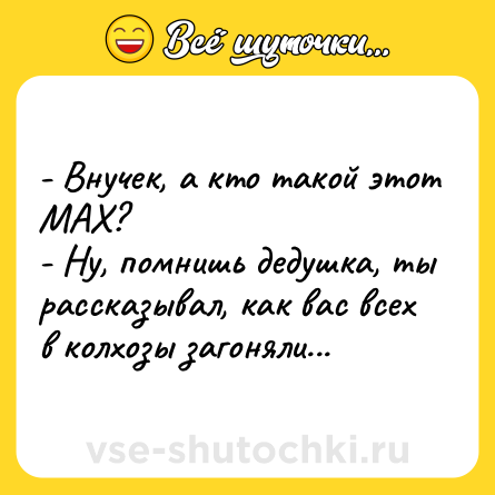 Шутка: - Внучек, а кто такой этот МАХ?<br>- Ну, помнишь дедушка, ты рассказывал, как вас всех в колхозы загоняли...