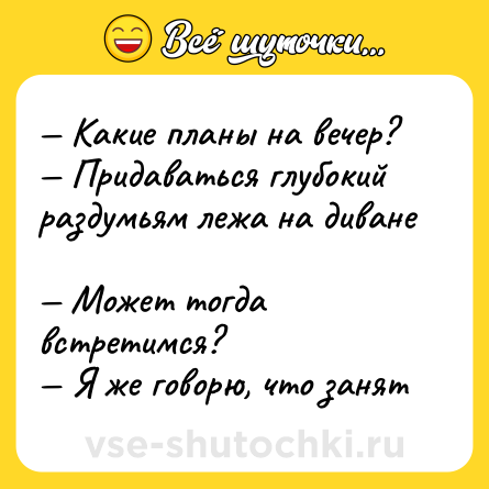 Шутка: — Какие планы на вечер? <br>— Придаваться глубокий раздумьям лежа на диване <br>— Может тогда встретимся? <br>— Я же говорю, что занят