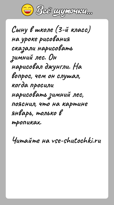 История: Сыну в школе (3-й класс) на уроке рисования сказали нарисовать зимний лес. Он нарисовал джунгли. На вопрос, чем он слушал,
