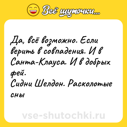 Шутка: Да, всё возможно. Если верить в совпадения. И в Санта-Клауса. И в добрых фей. <br>Сидни Шелдон. Расколотые сны