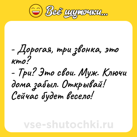 Шутка: - Дорогая, три звонка, это кто?<br>- Три? Это свои. Муж. Ключи дома забыл. Открывай! Сейчас будет весело!