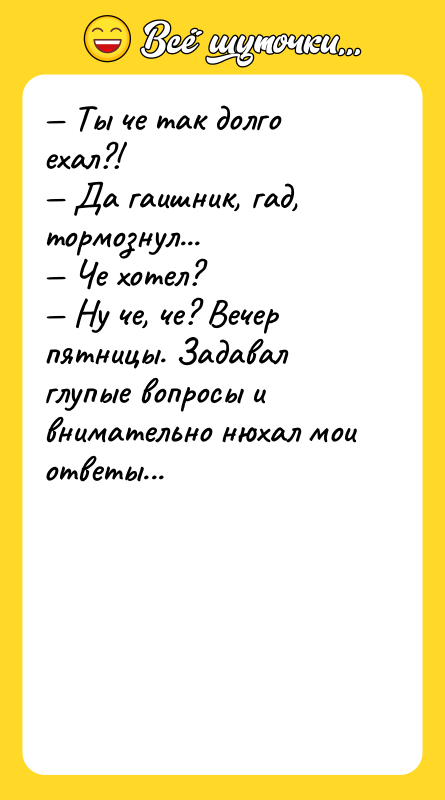 Ты че так долго ехал?! Да гаишник, гад,