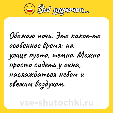Шутка: Обожаю ночь. Это какое-то особенное время: на улице пусто, темно. Можно просто сидеть у окна, наслаждаться небом и свежим воздухом.