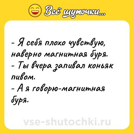 Шутка: - Я себя плохо чувствую, наверно магнитная буря. <br>- Ты вчера запивал коньяк пивом. <br>- А я говорю-магнитная буря.