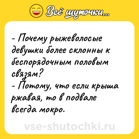 Шутка: - Почему рыжеволосые девушки более склонны к беспорядочным половым связям?<br>- Потому, что если крыша ржавая, то в подвале всегда мокро.