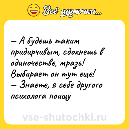 Шутка: — А будешь таким придирчивым, сдохнешь в одиночестве, мразь! Выбирает он тут еще! <br>— Знаете, я себе другого психолога поищу