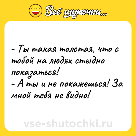 Шутка: - Ты такая толстая, что с тобой на людях стыдно показаться!<br>- А ты и не покажешься! За мной тебя не видно!