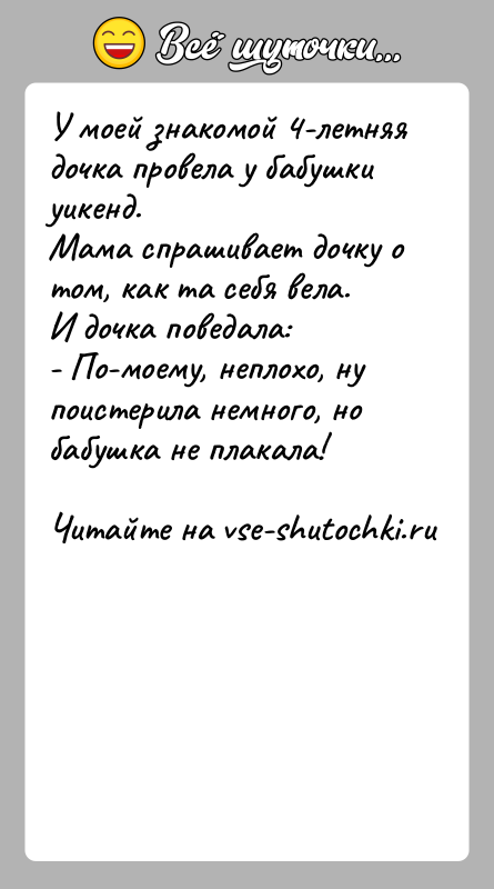 История: У моей знакомой 4-летняя дочка провела у бабушки уикенд.Мама спрашивает дочку о том, как та себя вела.И дочка поведала:- По-моему,