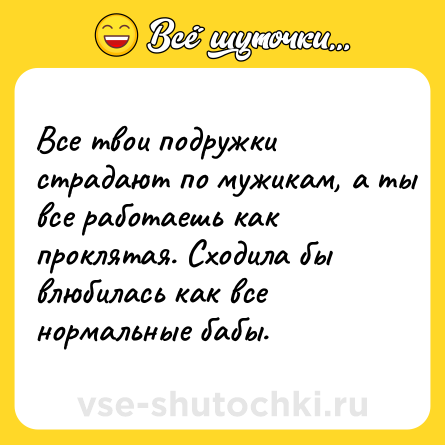 Шутка: Все твои подружки страдают по мужикам, а ты все работаешь как проклятая. Сходила бы влюбилась как все нормальные бабы.