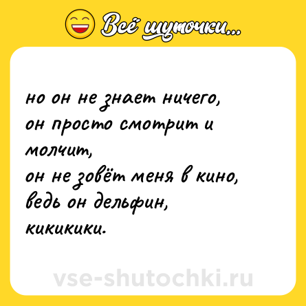 Шутка: но он не знает ничего,  <br>он просто смотрит и молчит,  <br>он не зовёт меня в кино,  <br>ведь он дельфин, кикикики.