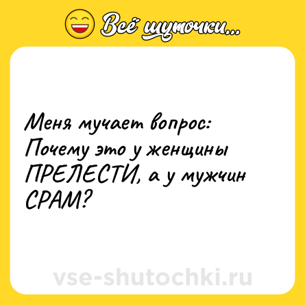 Шутка: Меня мучает вопрос: Почему это у женщины ПРЕЛЕСТИ, а у мужчин СРАМ?