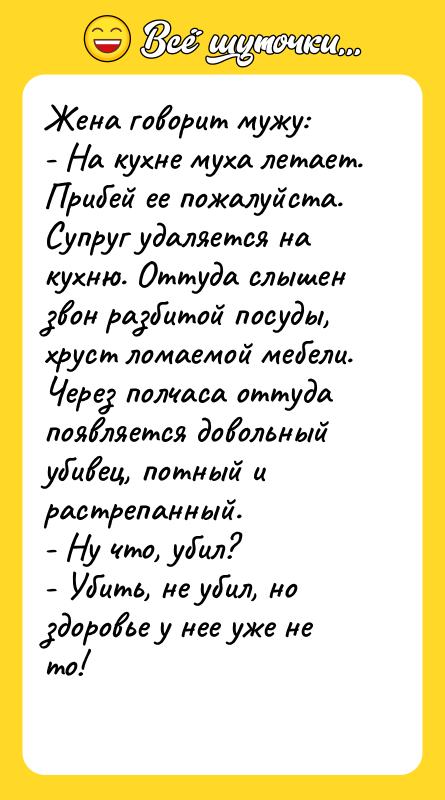 Жена говорит мужу: - На кухне муха летает. Прибей ее