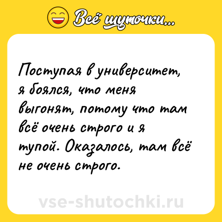 Шутка: Поступая в университет, я боялся, что меня выгонят, потому что там всё очень строго и я тупой. Оказалось, там всё не очень строго.