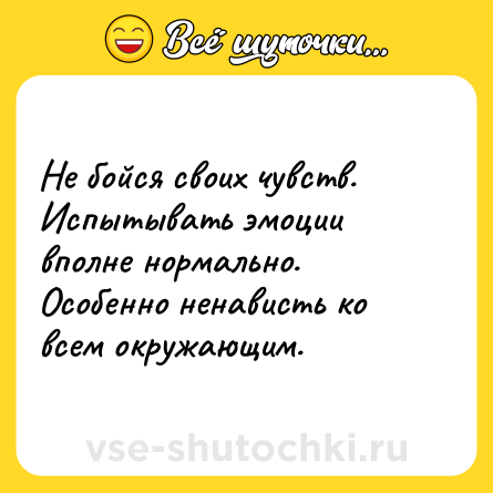Шутка: Не бойся своих чувств. Испытывать эмоции вполне нормально. Особенно ненависть ко всем окружающим.