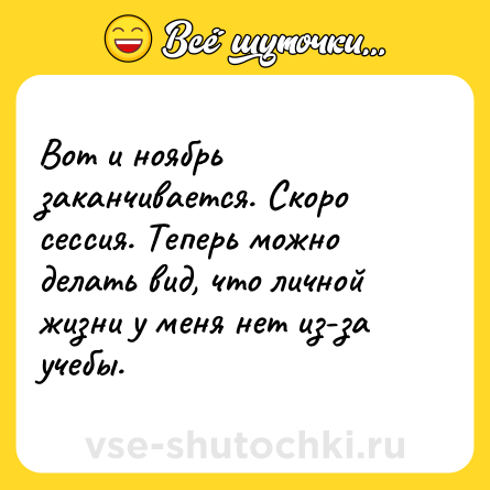 Шутка: Вот и ноябрь заканчивается. Скоро сессия. Теперь можно делать вид, что личной жизни у меня нет из-за учебы.