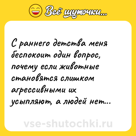 Шутка: С раннего детства меня беспокоит один вопрос, почему если животные становятся слишком агрессивными их усыпляют, а людей нет...