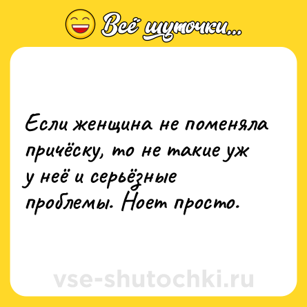 Шутка: Если женщина не поменяла причёску, то не такие уж у неё и серьёзные проблемы. Ноет просто.