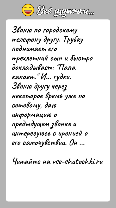 История: Звоню по городскому телефону другу. Трубку поднимает его трехлетний сын и быстро докладывает: Папа какает. И... гудки.Звоню другу через некоторое