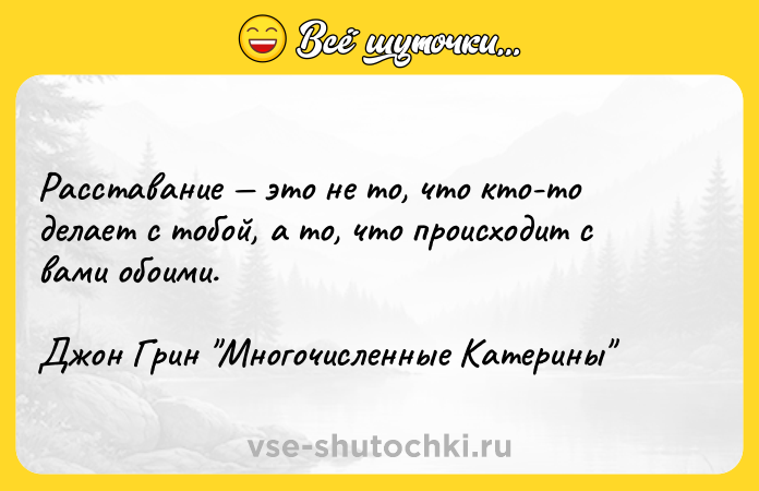 Цитата: Расставание это не то, что кто-то делает с тобой, а то, что происходит с вами обоими.Джон Грин Многочисленные Катерины