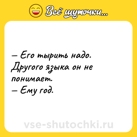 Шутка: — Его тырить надо. Другого языка он не понимает. <br>— Ему год.