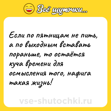 Шутка: Если по пятницам не пить, а по выходным вставать пораньше, то остаётся куча времени для осмысления того, нафига такая жизнь!