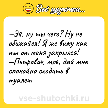 Шутка: —Эй, ну ты чего? Ну не обижайся! Я же вижу как ты от меня закрылся! <br>—Петрович, мля, дай мне спокойно сходить в туалет