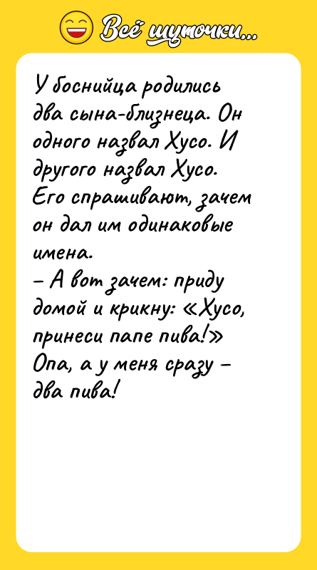 У боснийца родились два сына-близнеца. Он одного назвал Хусо. И