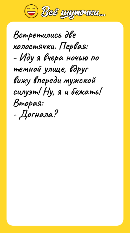 Встретились две холостячки. Первая: - Иду я вчера ночью по
