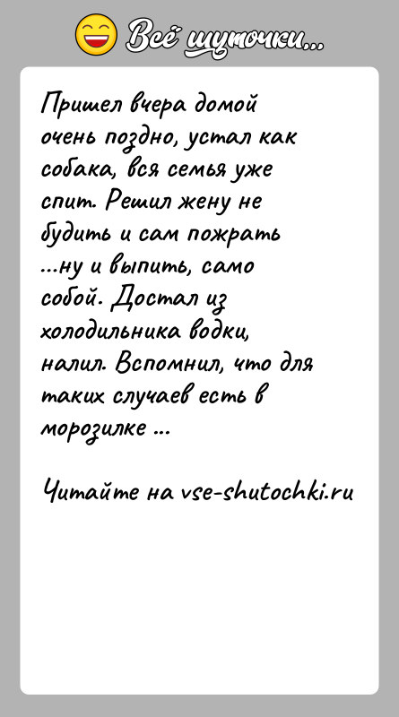 История: Пришел вчера домой очень поздно, устал как собака, вся семья уже спит. Решил жену не будить и сам пожрать ну