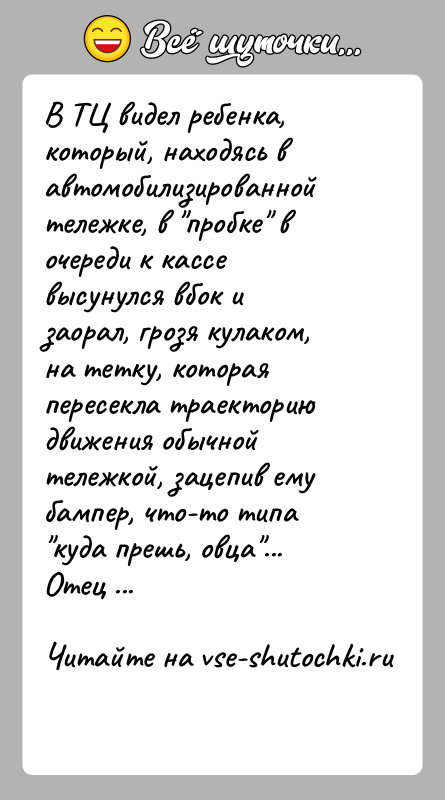 История: В ТЦ видел ребенка, который, находясь в автомобилизированной тележке, в пробке в очереди к кассе высунулся вбок и заорал, грозя