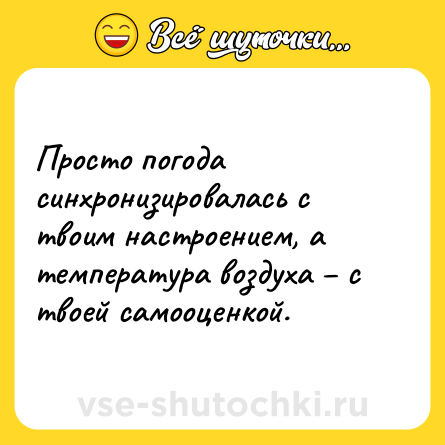 Шутка: Просто погода синхронизировалась с твоим настроением, а температура воздуха – с твоей самооценкой.