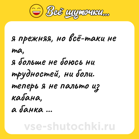 Шутка: я прежняя, но всё-таки не та,  <br>я больше не боюсь ни трудностей, ни боли.  <br>теперь я не пальто из кабана,  <br>а банка фиолетовой фасоли.