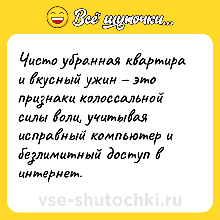 Шутка: Чисто убранная квартира и вкусный ужин – это признаки колоссальной силы воли, учитывая исправный компьютер и безлимитный доступ в интернет.