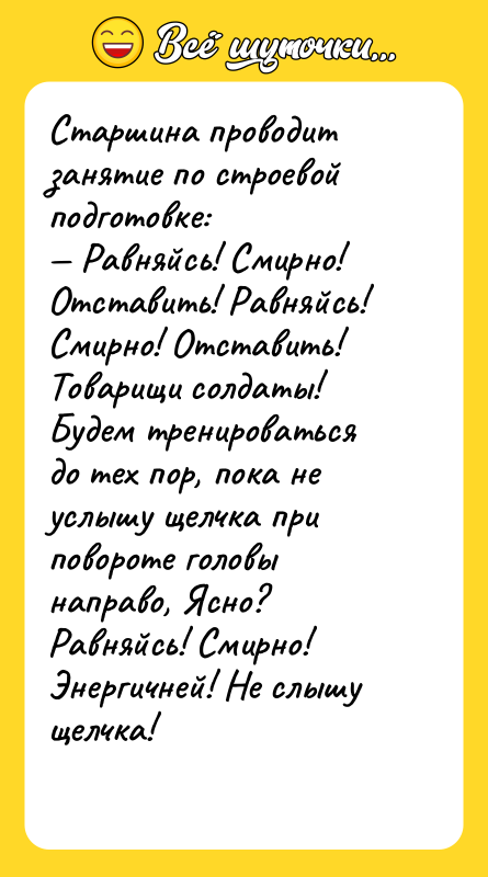 Старшина проводит занятие по строевой подготовке:<br/>— Равняйсь! Смирно! Отставить! Равняйсь!