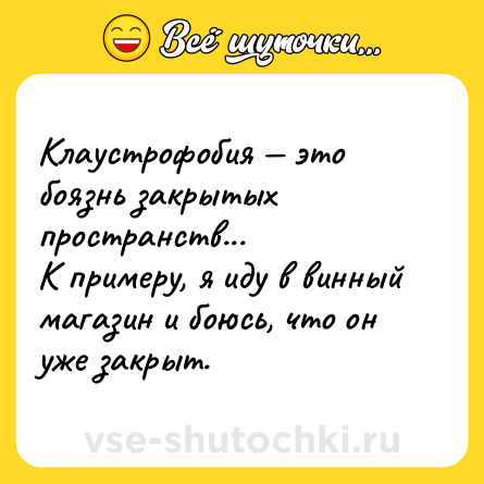Шутка: Клаустрофобия — это боязнь закрытых пространств... <br>К примеру, я иду в винный магазин и боюсь, что он уже закрыт.