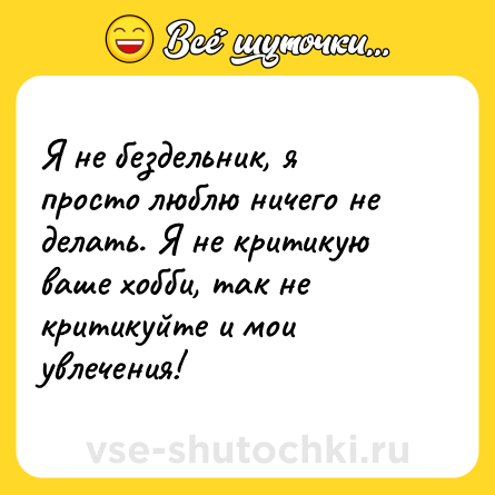 Шутка: Я не бездельник, я просто люблю ничего не делать. Я не критикую ваше хобби, так не критикуйте и мои увлечения!