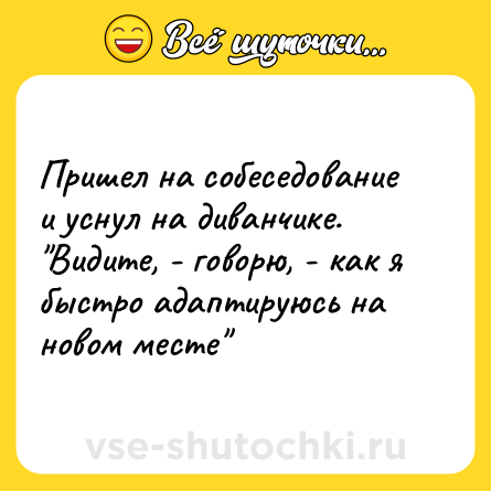 Шутка: Пришел на собеседование и уснул на диванчике. Видите, - говорю, - как я быстро адаптируюсь на новом месте