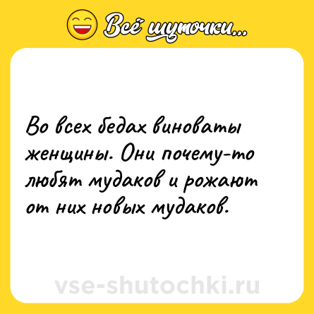 Шутка: Во всех бедах виноваты женщины. Они почему-то любят мудаков и рожают от них новых мудаков.