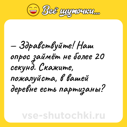 Шутка: — Здравствуйте! Наш опрос займёт не более 20 секунд. Скажите, пожалуйста, в вашей деревне есть партизаны?