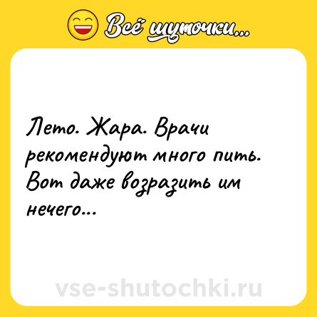 Шутка: Лето. Жара. Врачи рекомендуют много пить.<br>Вот даже возразить им нечего...