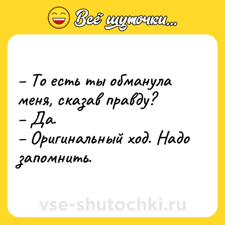 Шутка: – То есть ты обманула меня, сказав правду?<br>– Да.<br>– Оригинальный ход. Надо запомнить.