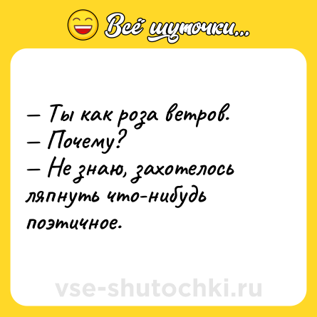 Шутка: — Ты как роза ветров. <br>— Почему? <br>— Не знаю, захотелось ляпнуть что-нибудь поэтичное.