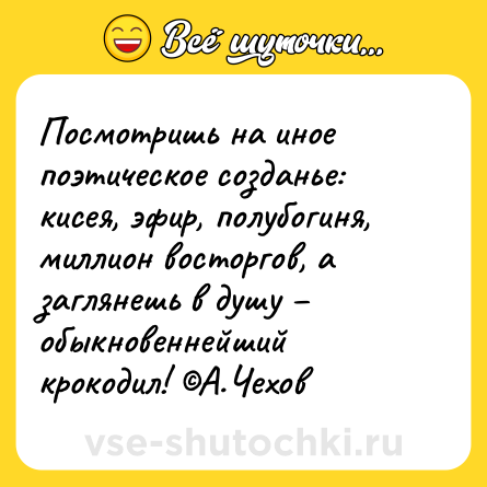 Шутка: Посмотришь на иное поэтическое созданье: кисея, эфир, полубогиня, миллион восторгов, а заглянешь в душу – обыкновеннейший крокодил! ©А.Чехов