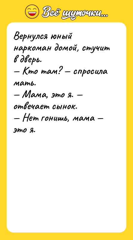 Вернулся юный наркоман домой, стучит в дверь. — Кто там?
