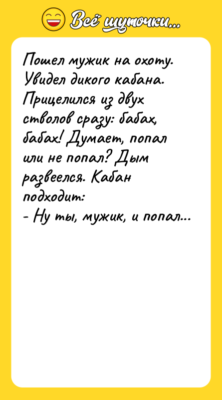 Пошел мужик на охоту. Увидел дикого кабана. Прицелился из двух