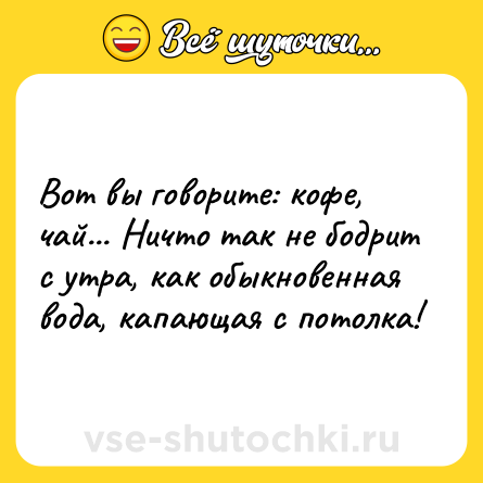 Шутка: Вот вы говорите: кофе, чай... Ничто так не бодрит с утра, как обыкновенная вода, капающая с потолка!