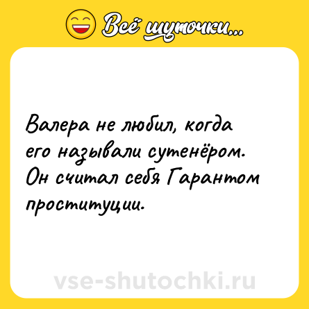 Шутка: Валера не любил, когда его называли сутенёром. Он считал себя Гарантом проституции.